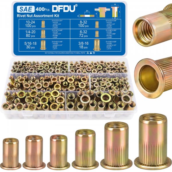 DFDU 400Pcs SAE Rivet Nut Kit, UNC Threaded Insert Nutsert Set, 6-32 8-32 10-24 1/4"-20 5/16"-18 3/8"-16 Flat Head Carbon Steel Zinc Plated Rivnuts for Metal Sheet Fasteners