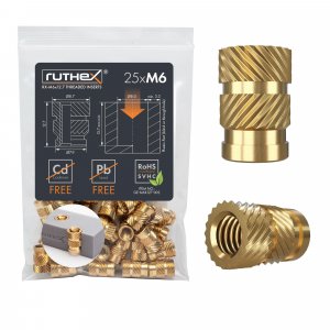 ruthex M6 Threaded Inserts - 25 Pieces RX-M6x12.7 Brass Heat Set Insert for Plastic Parts - Metric knurled Nuts - Insert by Heat into 3D Printing Components