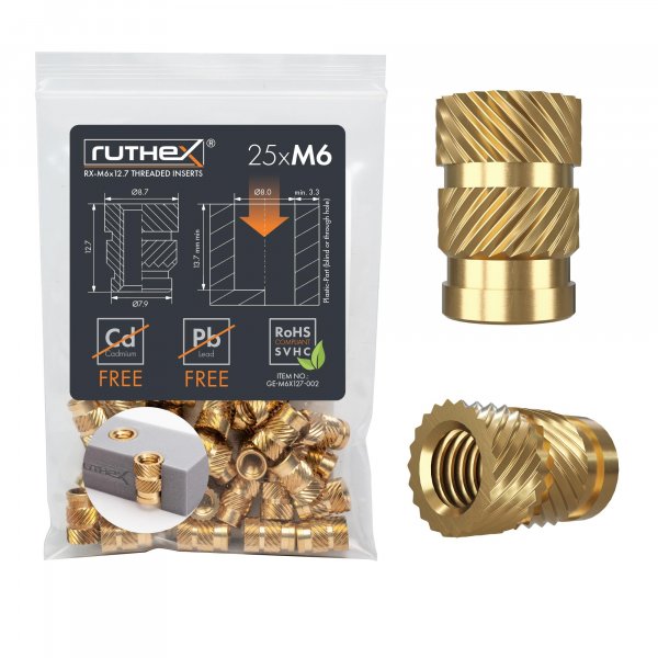 ruthex M6 Threaded Inserts - 25 Pieces RX-M6x12.7 Brass Heat Set Insert for Plastic Parts - Metric knurled Nuts - Insert by Heat into 3D Printing Components