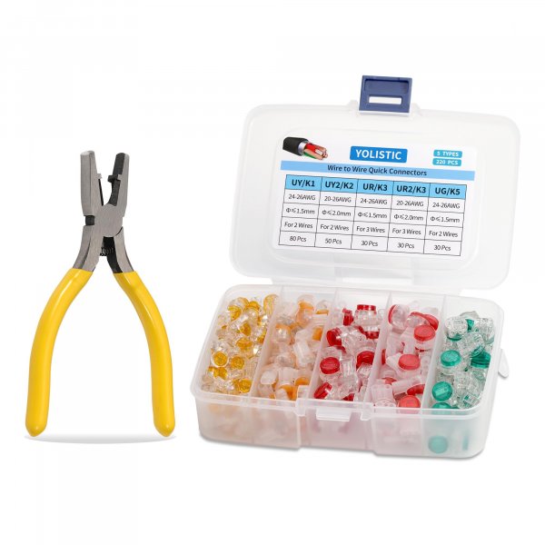 YOLISTIC (Pack of 221) Wire Connectors Assortment Kit include UY / K1, UY2 / K2, UR / K3, UR2 / K3, and UG / K5 Wire Butt Splice with Crimping Pliers