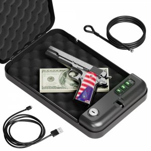 Grimtron Portable Pistol Safes – Electronic Lock Box & Key Access, Silent Mode, Compact Car Gun Safe for Handgun, Small Single Safe for Travel, Office, Dorm Use