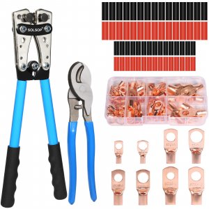 Solsop Battery Cable Crimper Tool for AWG 10, 8, 6, 4, 2, 1/0 Gauge Electrical Lug, Battery Lug Crimping Tool with 62PCS Copper Wire Lugs and Heat Shrink Tubing, Cable Cutter