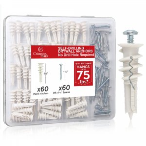 CrimsonMark 120Pcs #8 Self Drilling Drywall Anchors and Screws kit #8 x 1-1/4”- Superb Wall Anchors for Drywall, Holds Upto 75lbs – No Drill Hole Required with These Dry wall Screws and Anchors