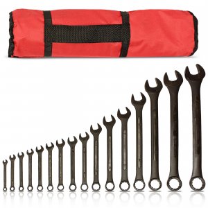 ABN Combination Wrench Set – 16 Pc Raised Panel Metric Wrench Set with Wrench Roll Up Pouch, Black Spanner Wrench Set