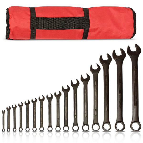 ABN Combination Wrench Set – 16 Pc Raised Panel Metric Wrench Set with Wrench Roll Up Pouch, Black Spanner Wrench Set