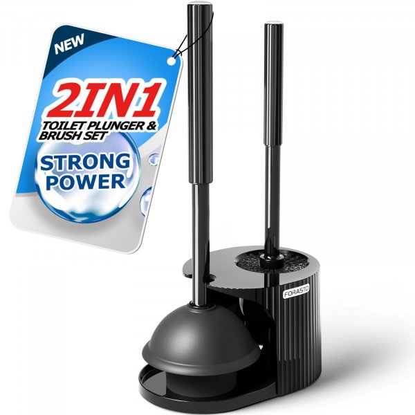 FORASTO 2in1 Toilet Brush and Plunger Set - Bathroom Bowl Holder Combo