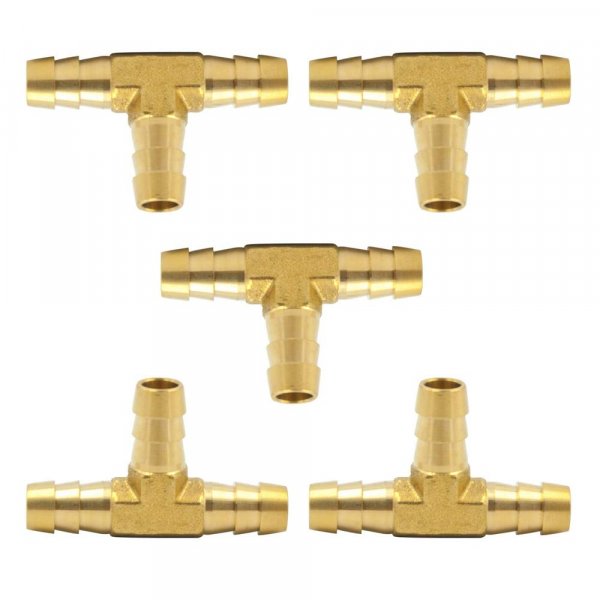 Brass Hose Barb Tee 1/4" x 1/4"x 1/4" Barbed T -Fitting 3 Ways Air Hose Fittings Pack of 5