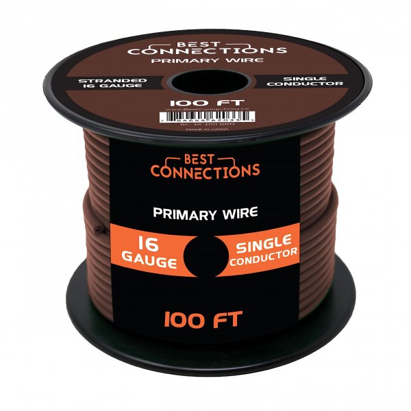 BEST CONNECTIONS Automotive Primary Wire - 100ft (Various Color Options) | Ideal for Trailer, Speaker, and Lighting Circuits | Durable Primary/Remote, Power/Ground Electrical Wiring (16 Gauge, Brown)