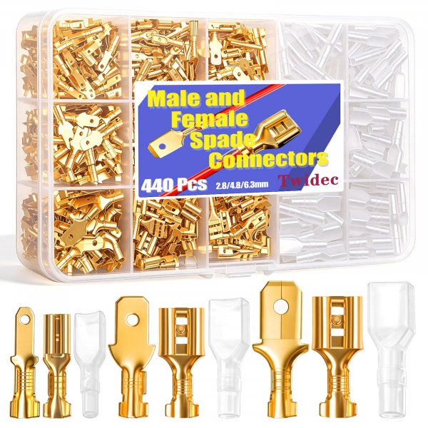 Twidec/440Pcs 2.8/4.8/6.3mm Quick Splice Male and Female Wire Spade Connector Crimp Terminal Block Assortment Kit Golden with Insulating Sleeve for Electrical Wiring Car Audio Speaker N-002