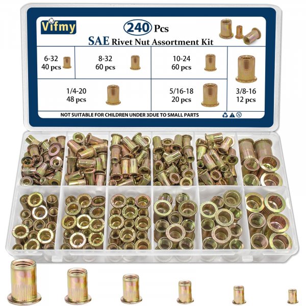 Vifmy SAE Rivet Nut Assortment Kit(240Pcs), #6-32#8-32#10-24 1/4"-20 5/16"-18 3/8"-16 UNC Rivnut Threaded Insert Nut Set, Zinc Plated Finish Carbon Steel Nutsert