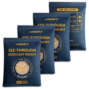 wisedry 4 x 500 Gram See-Through Silica Gel Packets, Color-Indicating Desiccant Packs for Storage, Reusable Safe Dehumidifier, Heat Resistant Dehumidifier Bags