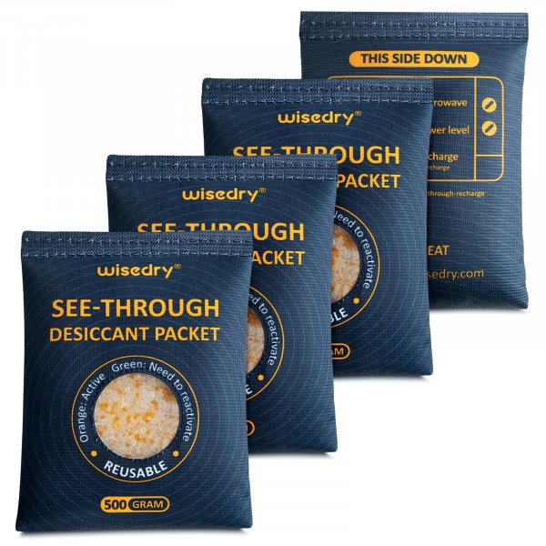 wisedry 4 x 500 Gram See-Through Silica Gel Packets, Color-Indicating Desiccant Packs for Storage, Reusable Safe Dehumidifier, Heat Resistant Dehumidifier Bags