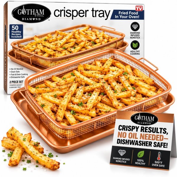 Air Fryer Basket For Oven, Gotham Steel Air Fryer Tray, 2 Piece Nonstick Copper Crisper Tray, Air Fry For Convection Oven, Also Great For Baking & Crispy Foods, Dishwasher Safe –X-Large, 16.5" x 12.5"