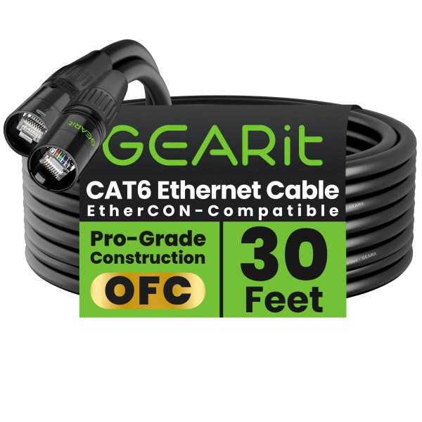 GEARit Shielded CAT6 Ethercon Cable (30 Feet) Professional Audio & Lighting RJ45 EtherCON-Compatible Cable for Studio, Stage, Concerts - 30ft Black