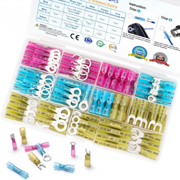 TICONN 120Pcs Heat Shrink Wire Connectors, Waterproof Automotive Marine Electrical Terminals Kit, Crimp Connector Assortment, Ring Fork Spade Butt Splices