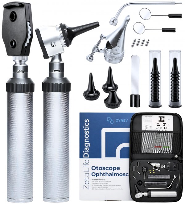 Zyrev Otoscope Oph Diagnostic Set - 36 Piece Medical and Nursing Student Otoscope/Opthalmoscope Diagnostic Kit - with Leather Case for Educational and Professional Settings (Regular)
