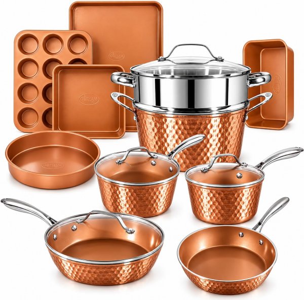 GOTHAM STEEL HAMMERED 15 Pc Titanium Ceramic Cookware Set, Copper