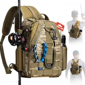 Piscifun Fishing Backpack, Rod Holders, Lightweight Sling Bag, Khaki Camo