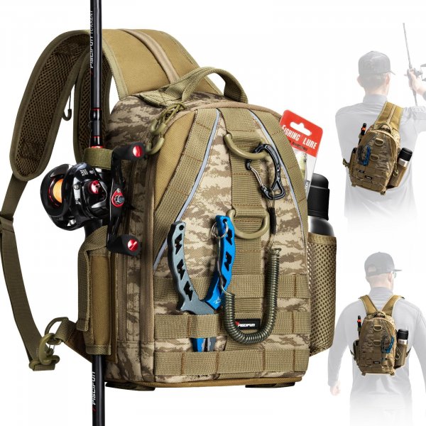 Piscifun Fishing Backpack, Rod Holders, Lightweight Sling Bag, Khaki Camo