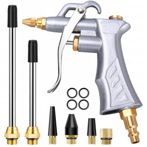 JASTIND Industrial Air Blow Gun with Brass Adjustable Air Flow Nozzle and 2 Steel Extension, Pneumatic Air Compressor Accessory Tool Dust Cleaning and Blower Gun