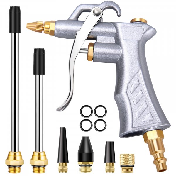JASTIND Industrial Air Blow Gun with Brass Adjustable Air Flow Nozzle and 2 Steel Extension, Pneumatic Air Compressor Accessory Tool Dust Cleaning and Blower Gun