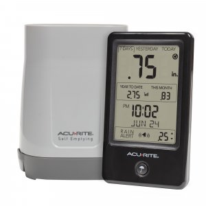 AcuRite Wireless Rain Gauge with Self-Emptying Rain Collector with Rainfall History, Alerts, and Current Date and Time (02446M)