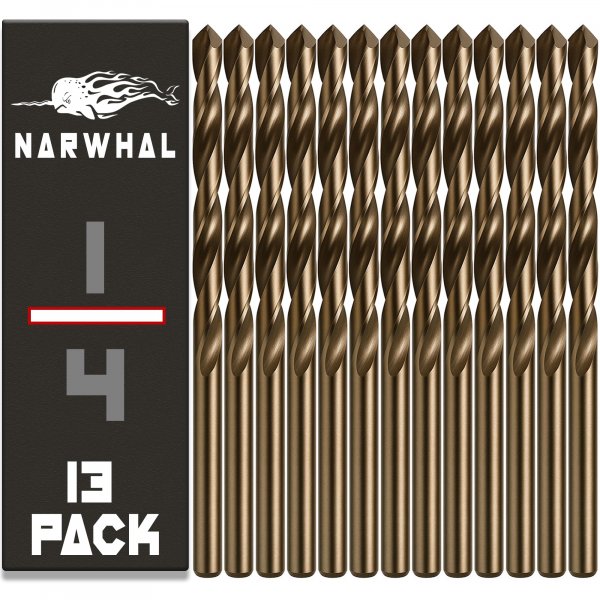 Narwhal 1/4" Drill Bits (M35 Cobalt - 13 Pack) 4 Inch Length for Drilling Into Metal, Hardened & Stainless Steel