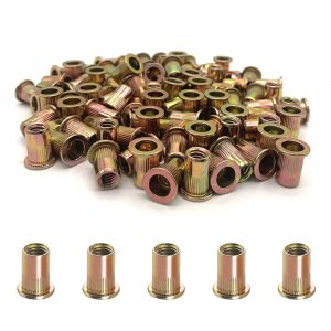 100PCS 1/4"-20 Rivet Nuts, Carbon Steel UNC Rivet Nut Set, Flat Head Threaded Rivets Nut Inserts for Metal(1/4"-20)