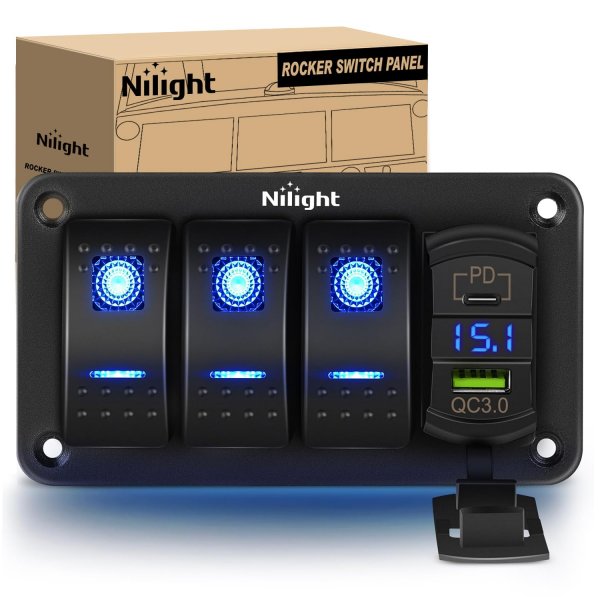 Nilight 3 Gang Rocker Switch Box 12V SPST ON Off PD Type C and QC 3.0 USB Charger Voltmeter Waterproof Aluminum Panel DIY Stickers for Boats Cars RVs Trucks