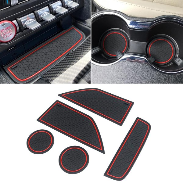 KENTUTO Fits for Ford Mustang Accessories 2015-2020 2021 2022 2023 Custom Cup Holder Insert, Center Console Liner Organizer Door Pocket Mats Pad (5Pcs Set, Red Trim)