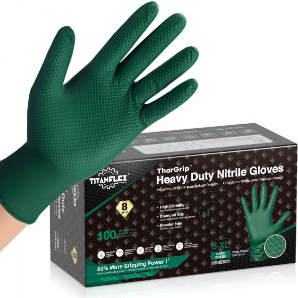 TitanFlex Heavy Duty 8 Mil Nitrile Gloves, Dark Green Raised Diamond Grip, Industrial Disposable Gloves for Mechanics, Work Gloves, Chemical Resistant, Latex Free, Powder Free, 100-ct Box(Large)