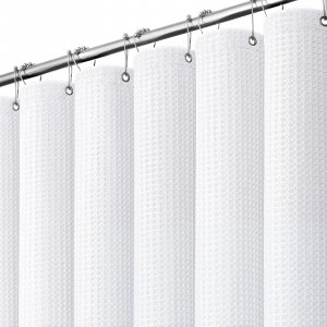 Dynamene White Fabric Shower Curtain, Waffle Weave Heavy Duty Thick Fabric Shower Curtains for Bathroom, 256GSM Weighted Hotel Luxury Cloth Shower Curtain Set with 12 Plastic Hooks, 72Wx72H, White