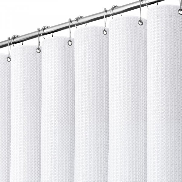 Dynamene White Fabric Shower Curtain, Waffle Weave Heavy Duty Thick Fabric Shower Curtains for Bathroom, 256GSM Weighted Hotel Luxury Cloth Shower Curtain Set with 12 Plastic Hooks, 72Wx72H, White