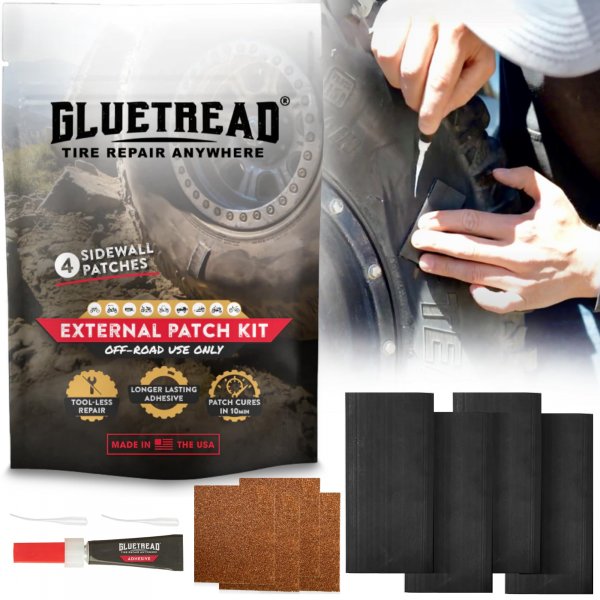 GlueTread External Patch Kit - for Tubeless Tires - No Need to Remove Tire - Kit Includes Enough Material to Patch 4 Tires - ATV Sidewall Repair Kit