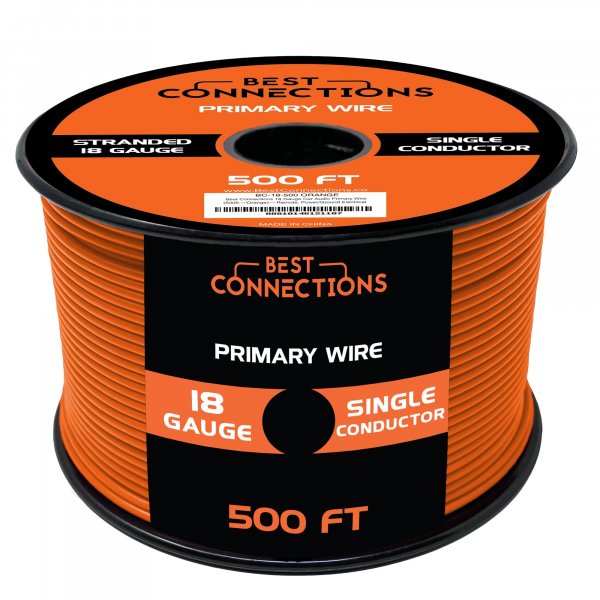 BEST CONNECTIONS Automotive Primary Wire - 500ft (Various Color Options) | Ideal for Trailer, Speaker, and Lighting Circuits | Durable Primary/Remote, Power/Ground Electrical Wiring (Orange, 18 Gauge)