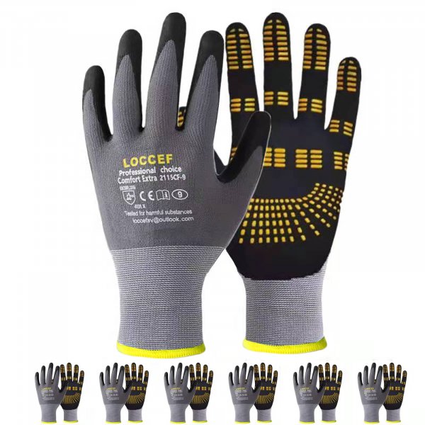LOCCEF 6 Pairs MicroFoam Nitrile Work Gloves, Yellow Grip Dots (9/L)