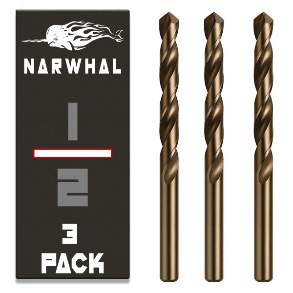 Narwhal 1/2 Inch Cobalt Drill Bits (3 Pack - Industrial Grade M35 Cobalt) 6" Length & 135 Degree Split Point for Drilling Into Metal, Hardened & Stainless Steel, Cast Iron, & More!