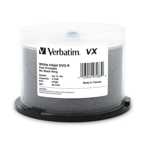 Verbatim 97283 4.7GB 120-Minute 16x VX Hub Inkjet Printable DVD-Rs, 50-ct