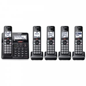 Panasonic Cordless Phone with Answering Machine, Advanced Call Block, Link2Cell Bluetooth, One-Ring Scam Alert, 2-Way Recording, Spam/Robocall Protection & 5 Handsets - KX-TGF975B (Black/Silver Trim)