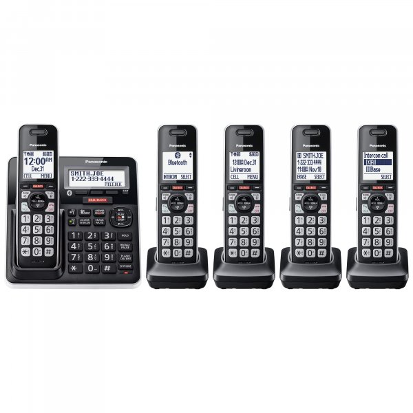 Panasonic Cordless Phone with Answering Machine, Advanced Call Block, Link2Cell Bluetooth, One-Ring Scam Alert, 2-Way Recording, Spam/Robocall Protection & 5 Handsets - KX-TGF975B (Black/Silver Trim)