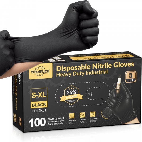 TitanFlex Black Nitrile Disposable Gloves, 5 Mil, Fully Textured, Heavy Duty, Latex Free & Powder Free for Cooking, Food Prep, kitchen clean, 100 ct (L)