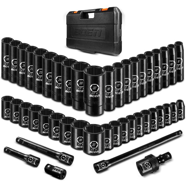 boen 45PCS 1/2” Drive Metric Socket Set, Impact Deep& Shollow Socket(9mm-32mm), 6 Point Lug Nut for Auto Repair with Portable Case, CR-V Steel