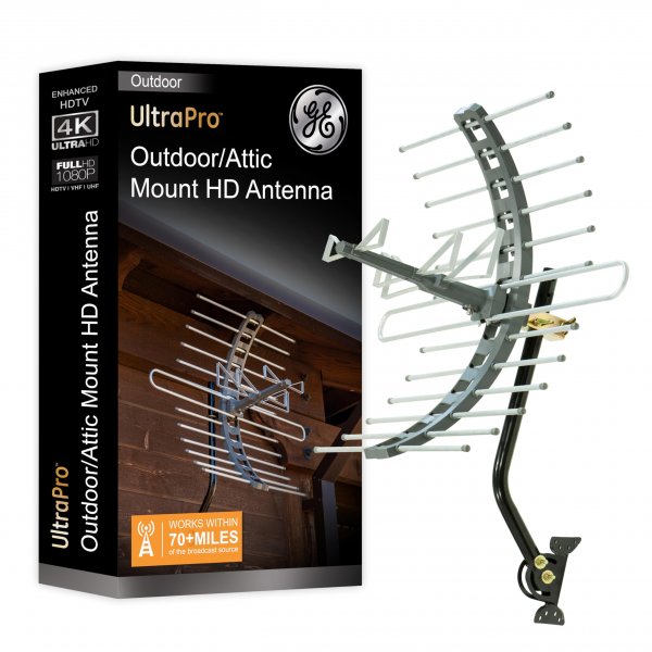 GE Outdoor HD Digital TV Antenna, Long Range Smart TV Antenna, Supports 4K 1080P HD Smart TV VHF UHF, J Mount Included for Attic or Outdoor, Weather Resistant, 29884