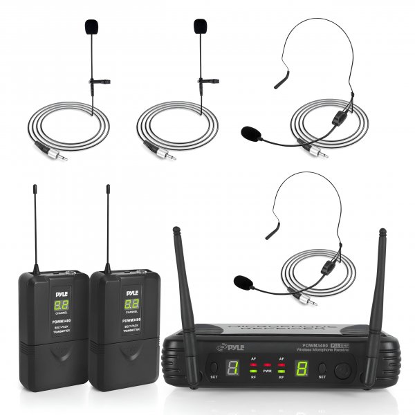 Pyle PDWM3400 UHF mic system 2 body packs 2 head sets