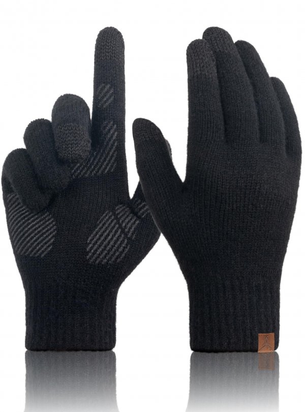 TRENDOUX Winter Wool Gloves for Men: Mens Cold Weather Warm Touch Screen Merino Wool Knit Gloves, Non-slip Thermal Fleece Glove for Outdoor Driving Running Hiking Adult Gift Large Size BLACK