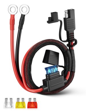 Oyviny 2.5FT 12AWG SAE Battery Connector Extension Cable with 10A 15A 20A 25A Fuses, Heavy Duty SAE to O Ring Terminal Quick Disconnect Harness for Trickle Charger Motorcycle Solar Panel Generator