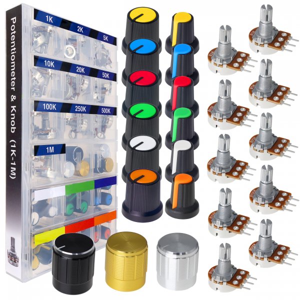EEEEE 84pcs WH148 Potentiometer Kit 1K 2K 5K 10K 20K 50K 100K 250K 500K 1M K Ohm 15mm Shaft Single-Joint Linear Potentiometers 3Pins Set Variable Resistors with Knob Plum Cap Aluminum Alloy Knobs