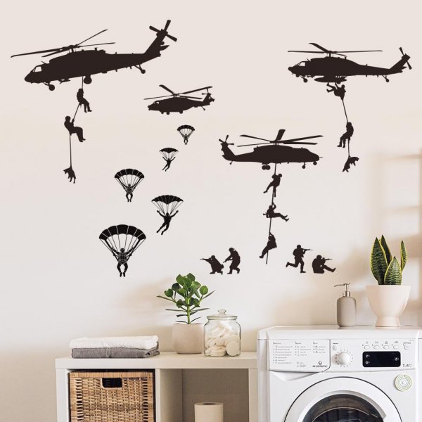 SUPERDANT Soldier Landing Wall Decals Helicopter Wall Stickers Parachute Wallpaper Decor Vinyl Decal for Boy's Bedroom Living Room Hallways Family Office Classroom Boy's Gift