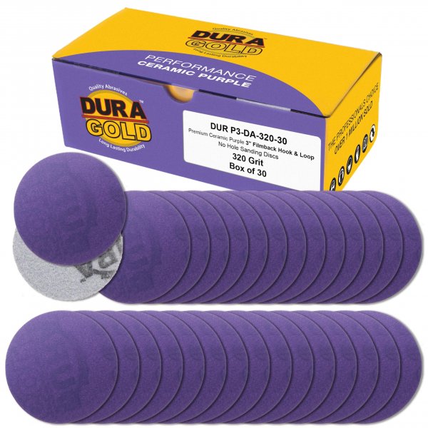 Dura-Gold Premium 320 Grit 3" Purple Film Ceramic Sanding Discs, Box of 30