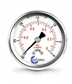 CARBO Instruments Vacuum Pressure Gauge 0 to -30 inHg, Glycerin Liquid Filled, 2.5" Dial, 1/4 NPT Back Mount, 304 Stainless Steel Case, Brass Wetted Parts, Dual Scale inHg/Bar - ASME B40.1 Grade A